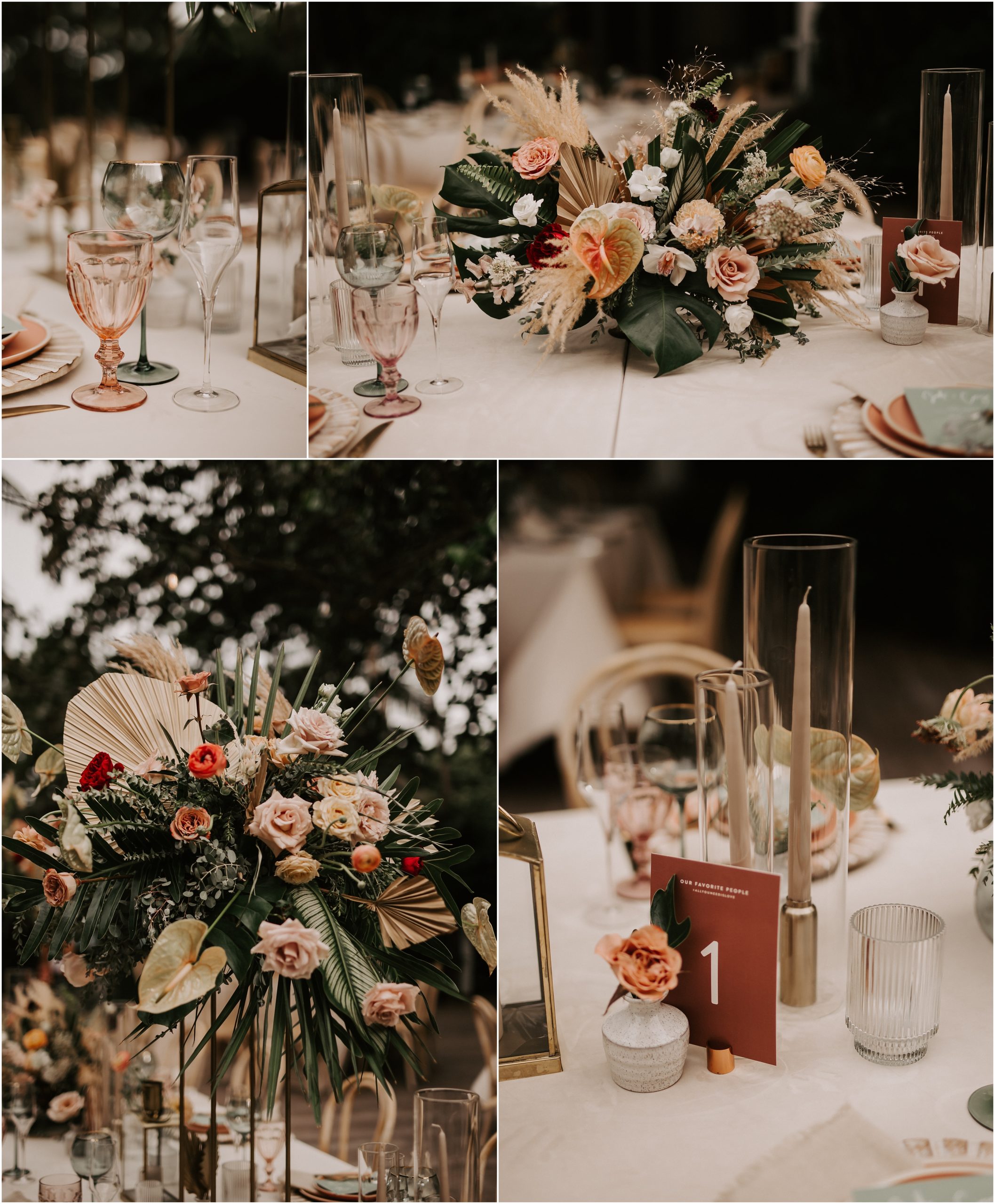 The guest tables featured terracotta plates and tall floral centerpieces. The design plays with the different color tones of this wedding, which creates a vibrant visual effect!