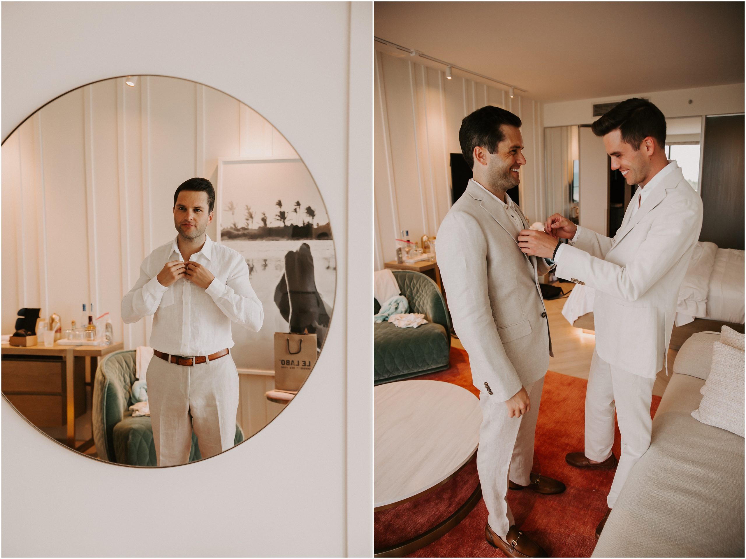 Corey and his brother opted for a light suit from Indochino and brown shoes, which paired perfectly with their Destination Wedding in Miami full of tropical beach vibes.