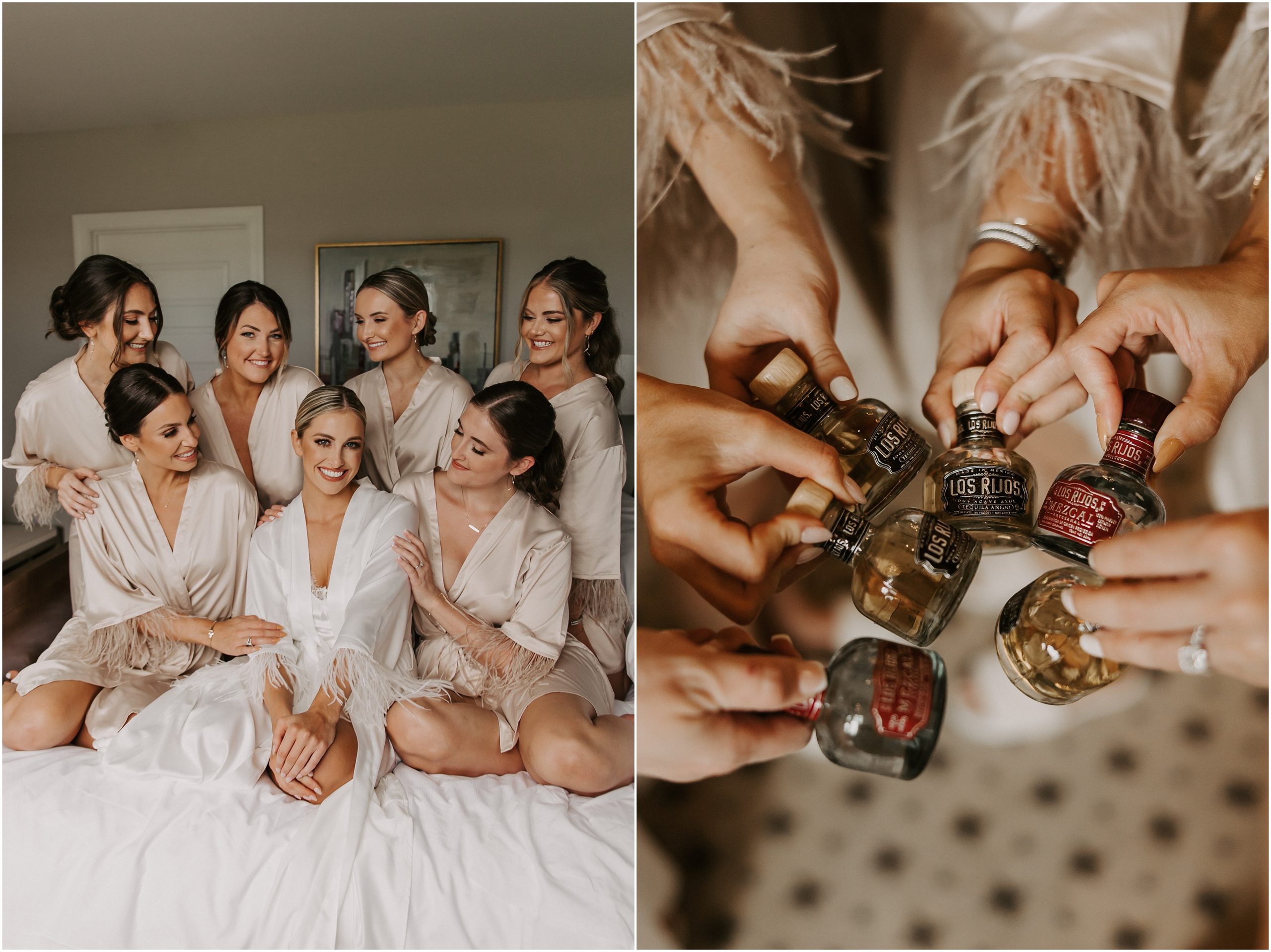 A good idea to savor the morning and set the tone for your elegant and timeless wedding day with your bridal party is to get champagne and glasses. In this case Sydney also brought mini tequila bottles to share with her gals. 