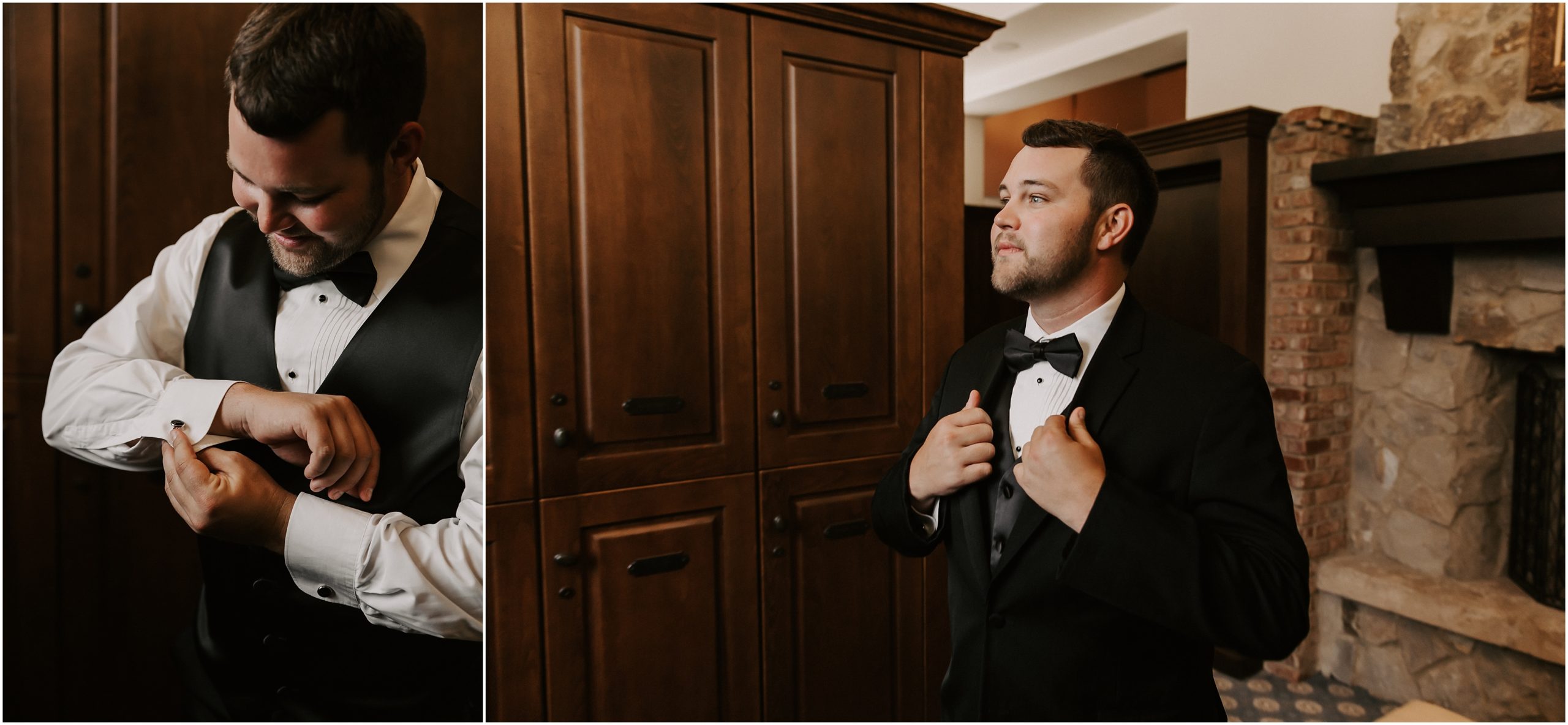 The style of the couple for their elegant and timeless wedding was inspired by classic looks that would stand the tests of time.
Adam chose a classic and elegant black suit with black waistcoat and a bow which fit perfectly his white shirt with cufflinks and black buttons.
