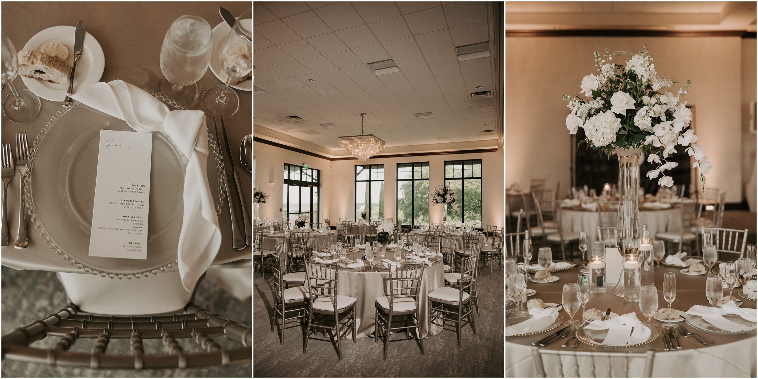 The couple chose mainly white and green florals, white napkins, taupe tablecloths, a varying levels of glass pillar candles besides silver silverware to complete the elegant and timeless wedding design.