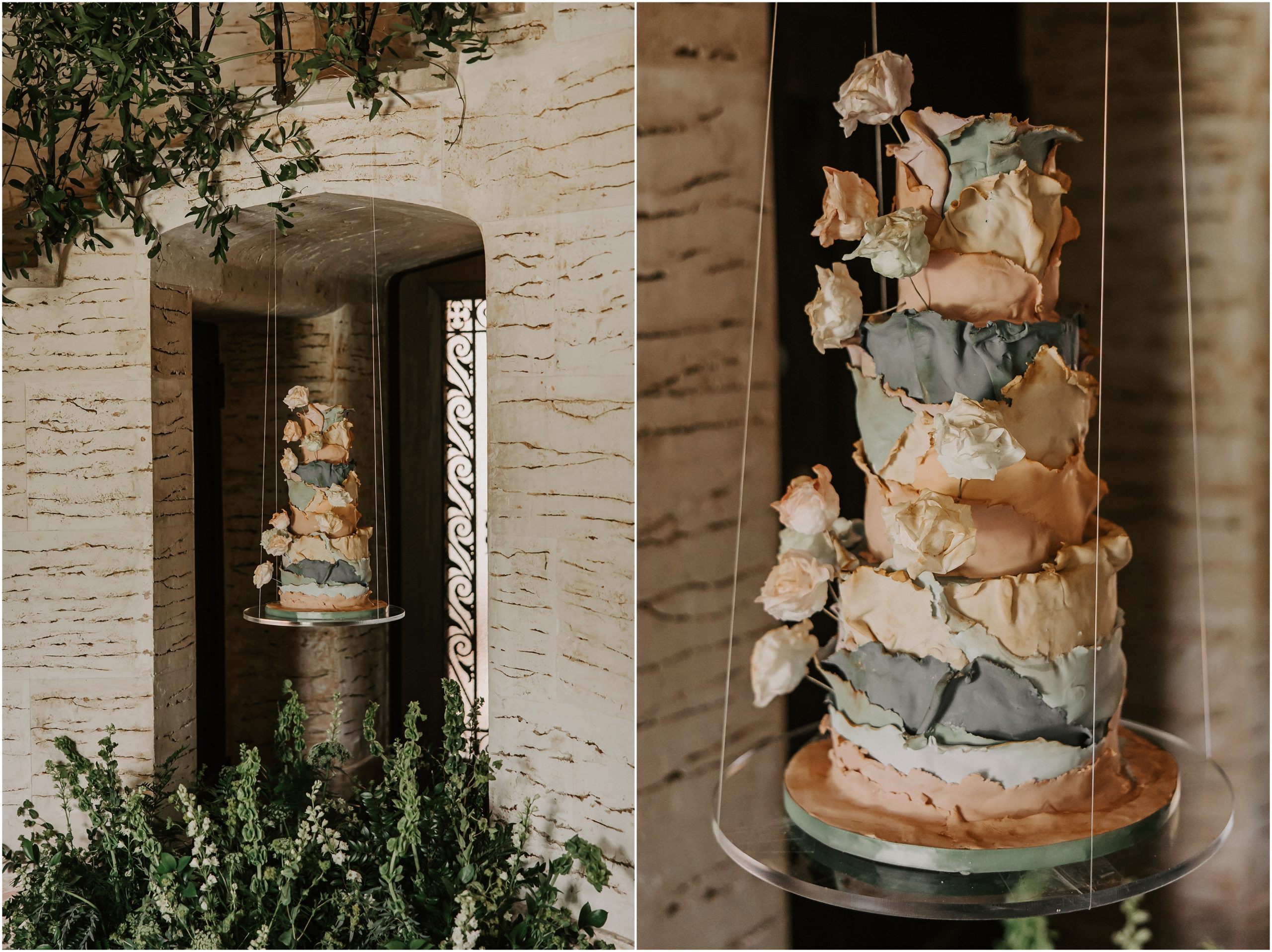 The concept behind the “floating” aspect of this project was to play off of the fact that rainbows seem to “float” in the sky. The floating muted rainbow cake was created ONSITE