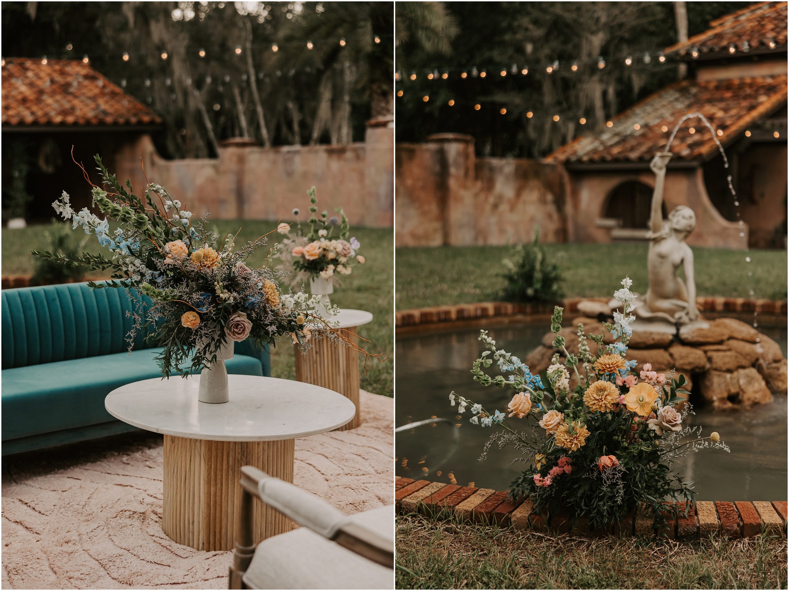 The chosen muted rainbow furniture from RW Events combined with flower arrangements in peach, yellow, sage green and blue hues. 