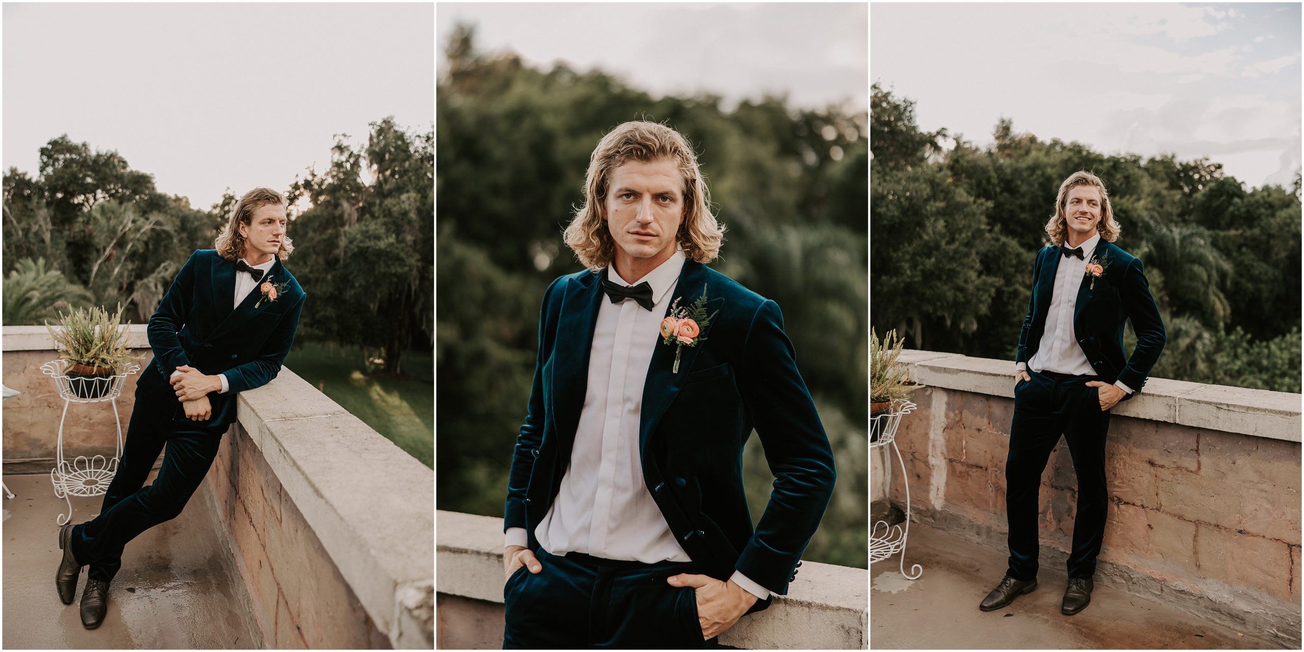 For our groom we opted for a a smart yet casual look. A velvet suit of dark blue tone, combined with a crisp white shirt, black bow tie and grey shoes. Keith wore a boutonniere with the same mix were made for the bouquet and for the floral decoration of the table setting. 