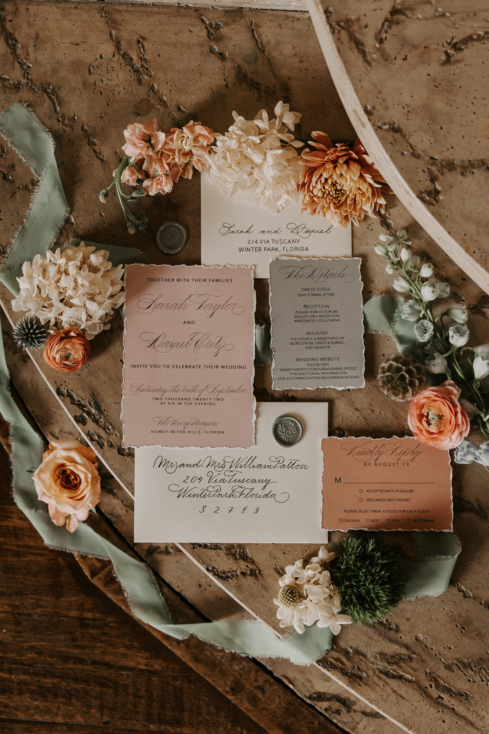 This stunning invitation suite concentrated on the “middle of the muted rainbow” hues like peach, yellows, dusty blues and sage greens, trying not to focus solely on one color.