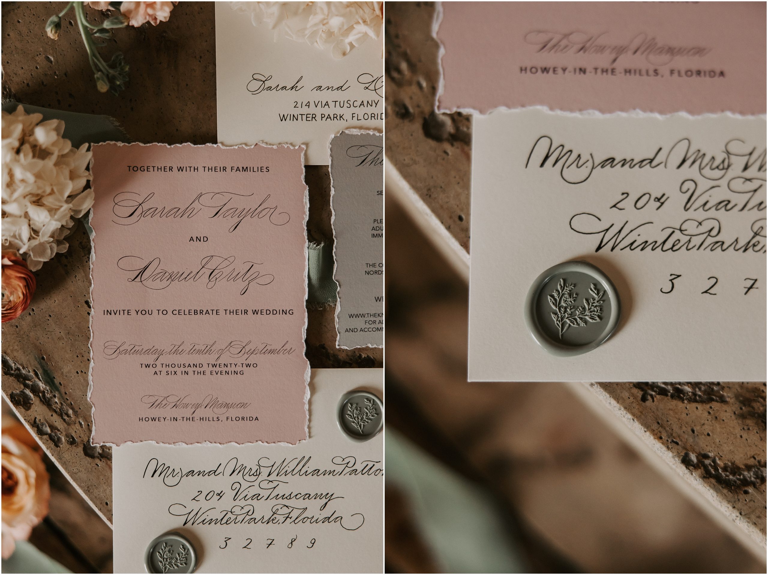 This stunning invitation suite concentrated on the “middle of the muted rainbow” hues like peach, yellows, dusty blues and sage greens, trying not to focus solely on one color.