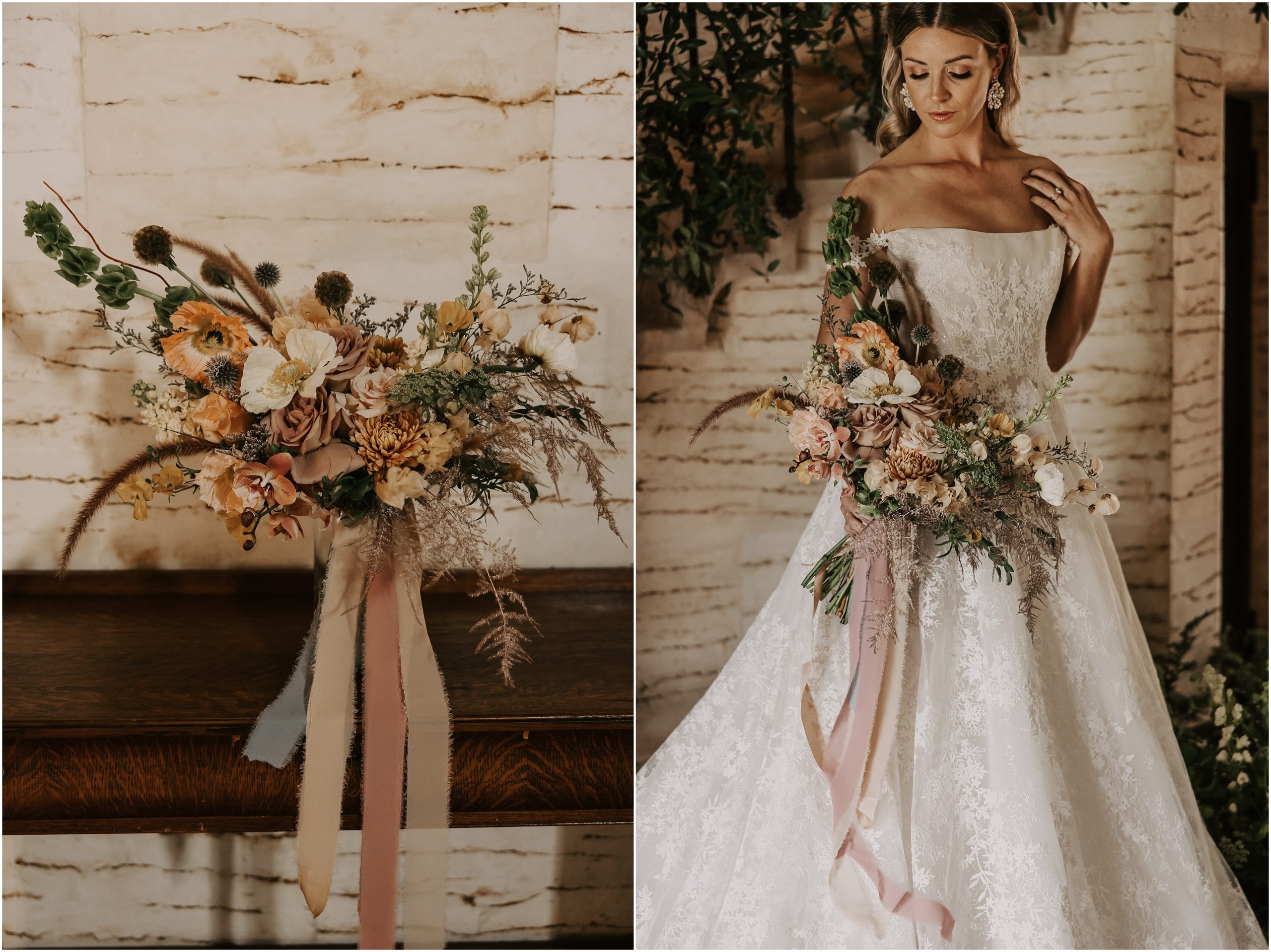 The bridal bouquet reflected perfectly our "muted rainbow" with the use of mixed greenery, orchids and roses perfecting the bridal gown with delicate lace detailing.
