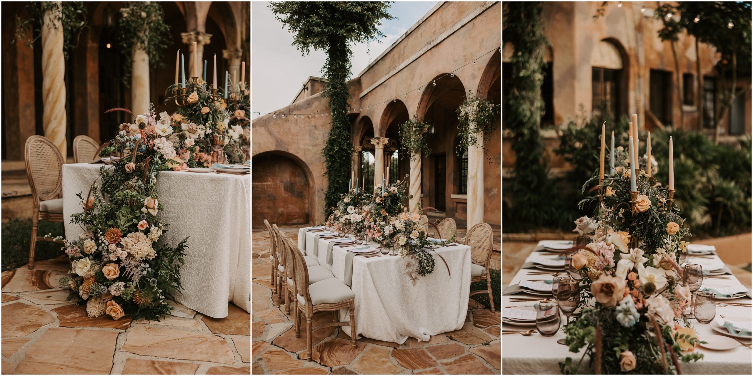 The unique and interesting cascading floral arrangement in muted rainbow hues combined with candles, tableware and smokey goblets creating a very romantic atmosphere in a wonderful setting like The Courtyard Stage in front of Pillars.