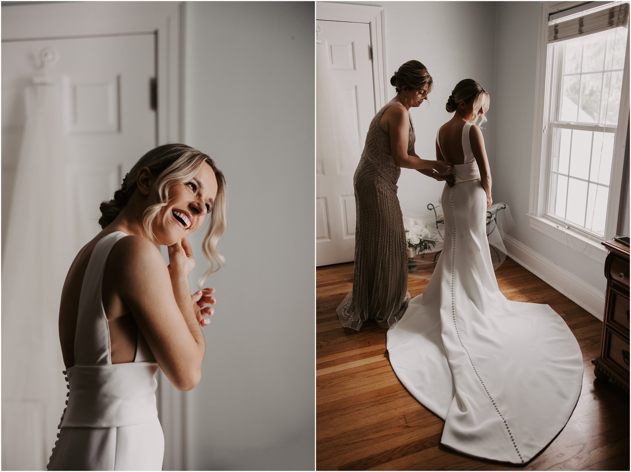 This beautiful bride chose a simple, full length and sheer veil to match with her white V-neck, timeless and elegant gown with a large dress train for their distinguished garden wedding.