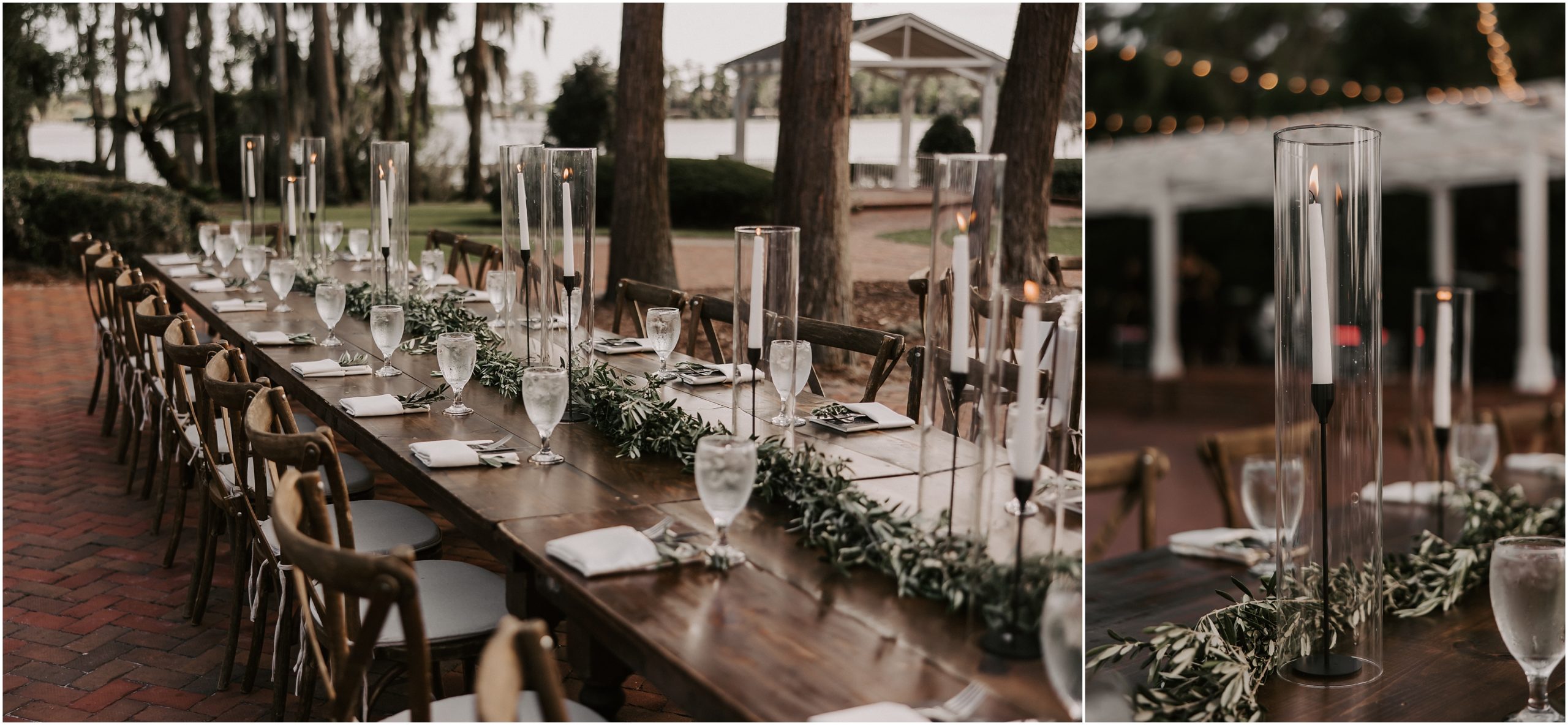 For the reception of this distinguished garden wedding, round and rectangular tables were the perfect mix together with lush greenery garlands spanning the table length and centerpieces with blooms that brought on romantic vibes. 