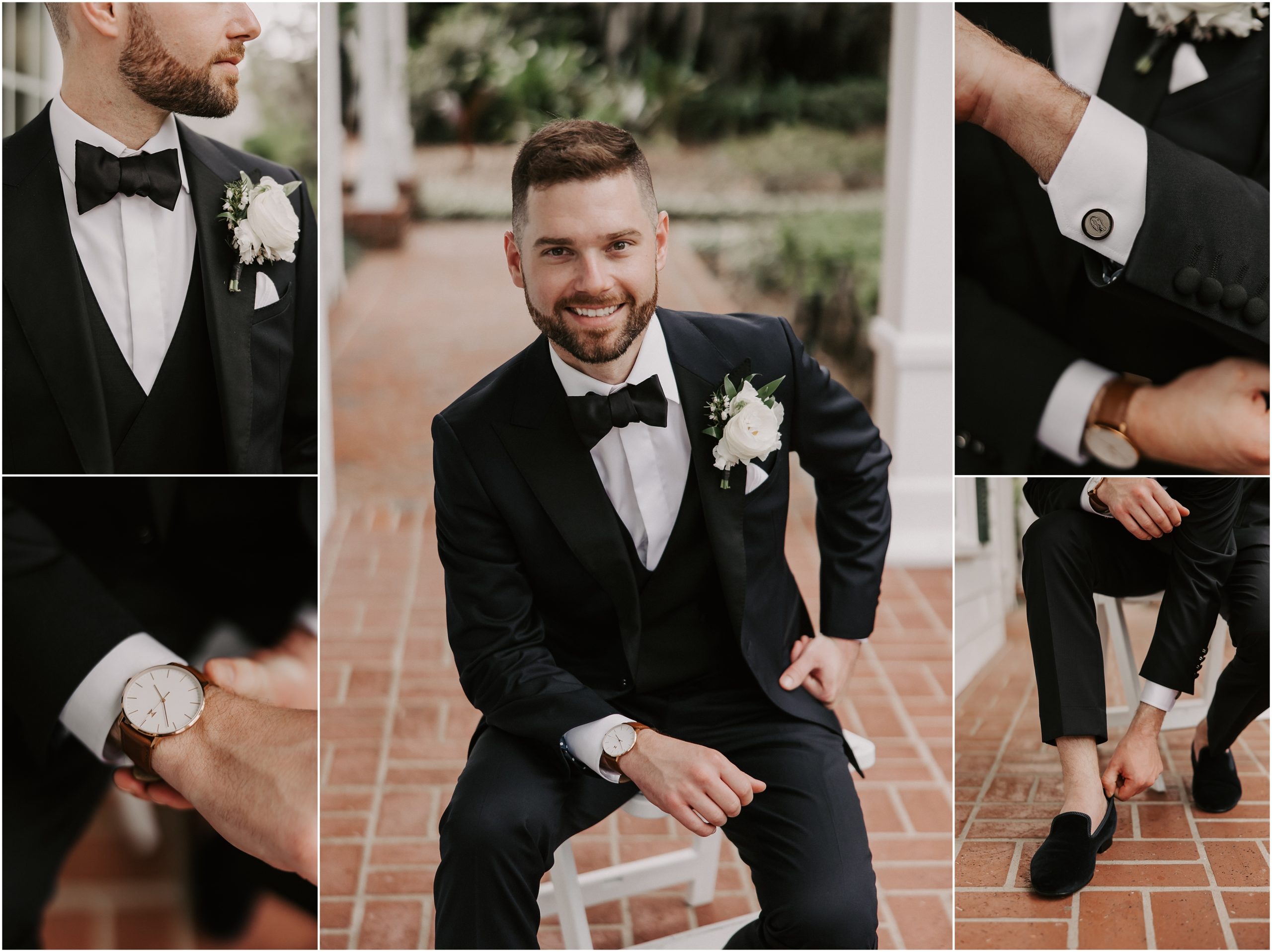 For their distinguished garden wedding, the dapper groom wore a classic suit from Leonardo 5th Avenue with a plain black loafer style driving shoes from Crockett & Jones that gave a special touch to his attire.